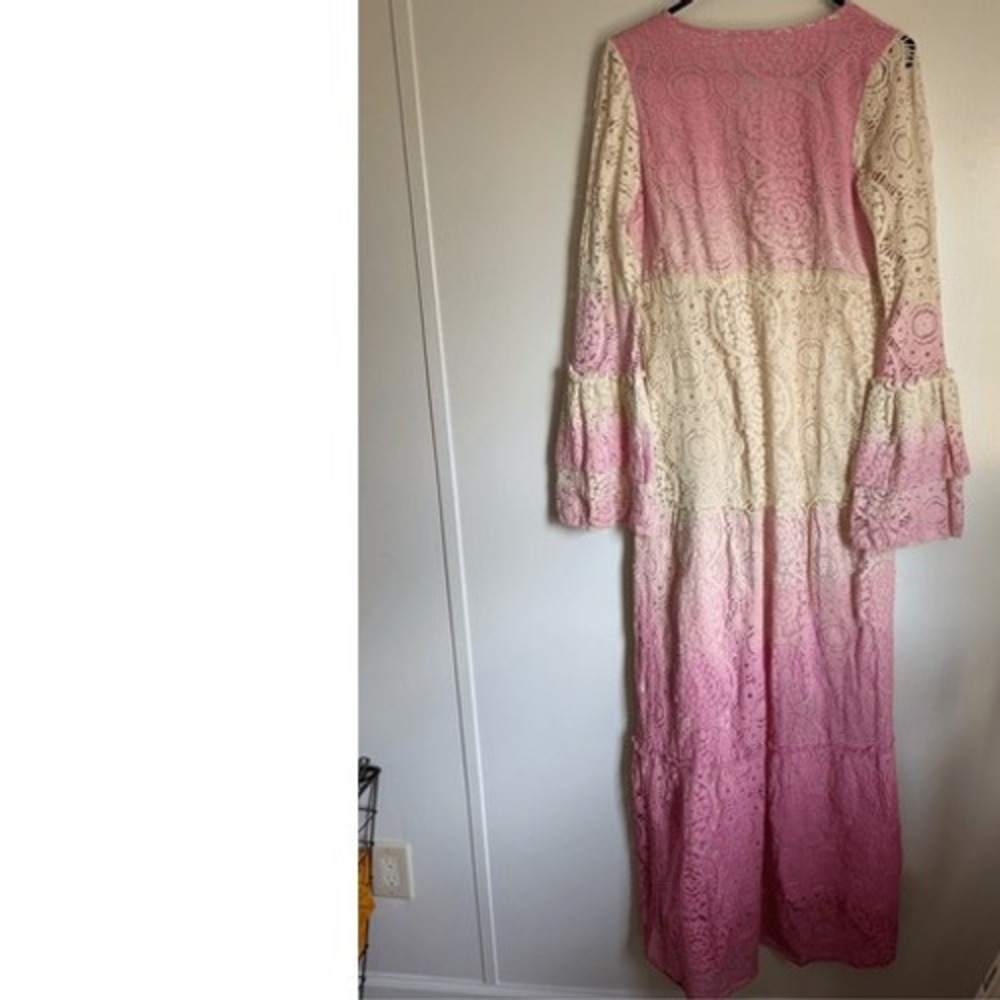 Venus Womens Long Crochet Embroidered Pink White Floral Ombre Maxi Dress sz M - Picture 5 of 13